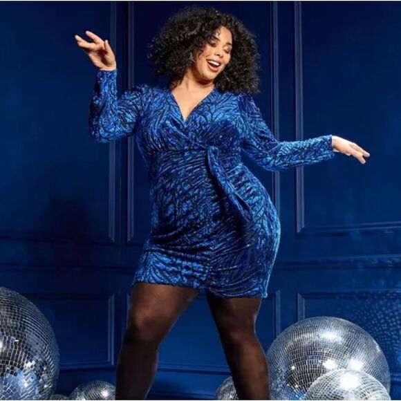 Torrid Blue Velvet Zebra Sheer Burnout Faux Wrap Tie Front Bodycon Dress 16W - Picture 2 of 7